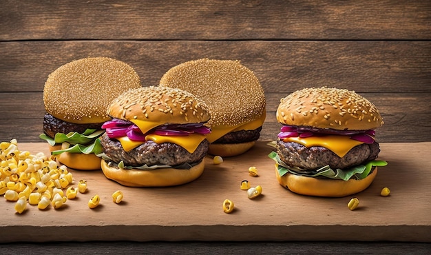 Een houten bord met vier hamburgers erop met een houten achtergrond.