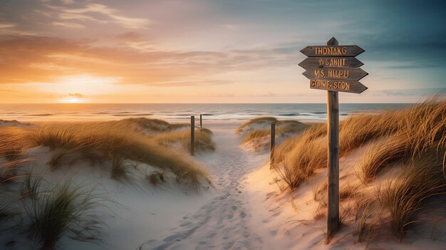 een houten bord op het strand met uitzicht op de oceaan Generatieve ai