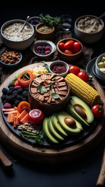 Een houten bord vol gezond voedsel, waaronder groenten, fruit en granen