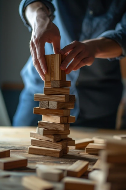 Een houten bordspel voor evenwicht Mensen spelen een kansspel waarin evenwicht en zelfbeheersing belangrijk zijn