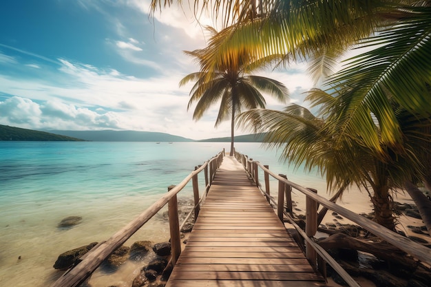 Een houten brug die naar een tropisch strand leidt