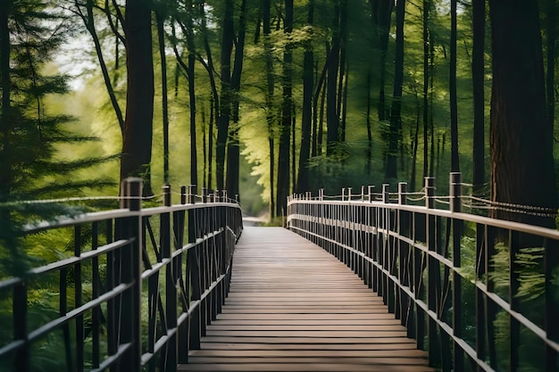 Een houten brug in het bos met een houten loopbrug.