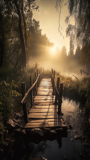 Een houten brug in het bos met mist en bomen op de achtergrond