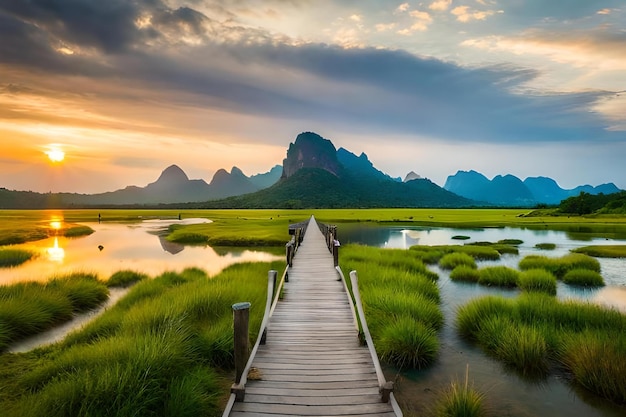 Foto een houten brug leidt naar een meer met bergen op de achtergrond.