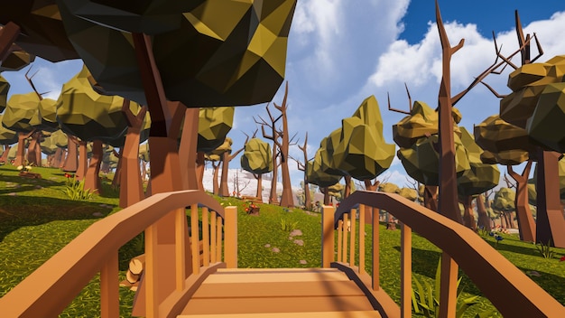 Een houten brug naar een natuurlijk landschap low poly design 3d render