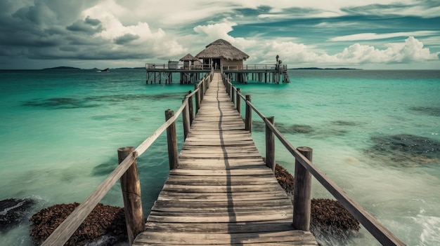 Een houten brug over een tropische oceaan met een blauwe lucht op de achtergrond.