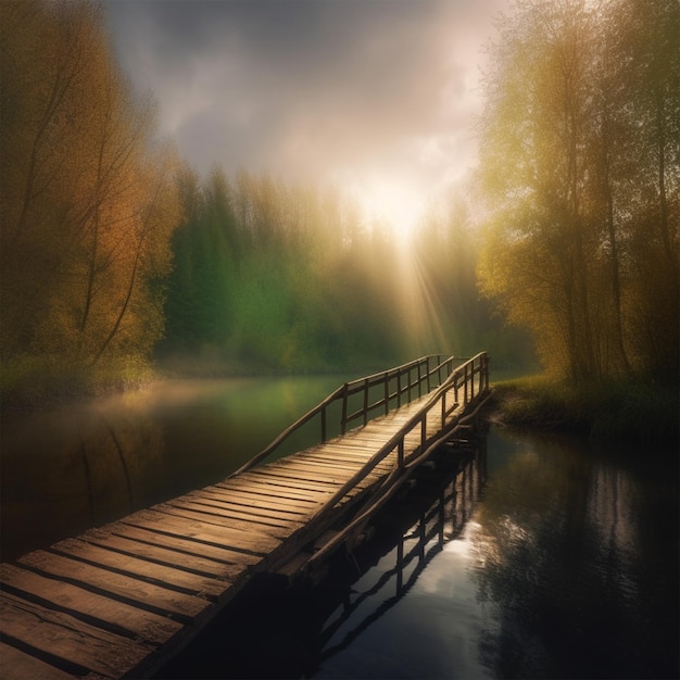 Een houten brug over een watermassa