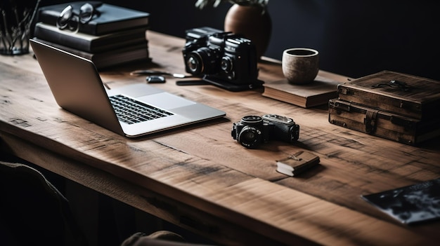 Een houten bureau met daarop een laptop en een camera.