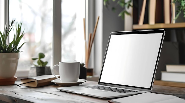 Een houten bureau met een laptop een kop koffie een boek en een plant erop de laptop is open en heeft een leeg scherm