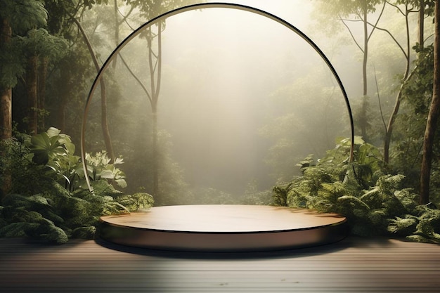 een houten cirkel met een houten vloer en een ronde tafel met een cirkel van bamboe in het midden.