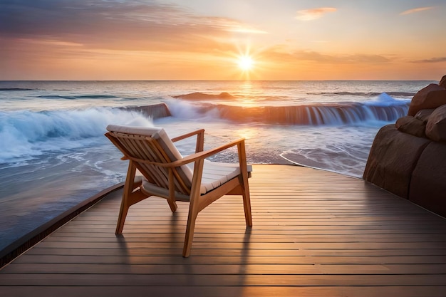 Een houten dek met een zonsondergang op de achtergrond