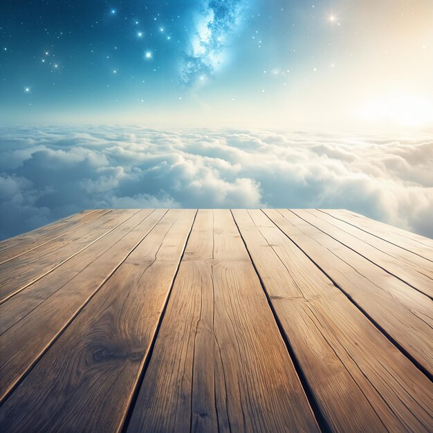 Een houten dek met uitzicht op de hemel met wolken en sterren die een serene en vreedzame omgeving suggereren