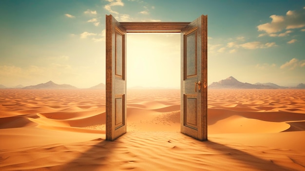 Een houten deur met een woestijnlandschap Generatieve Ai