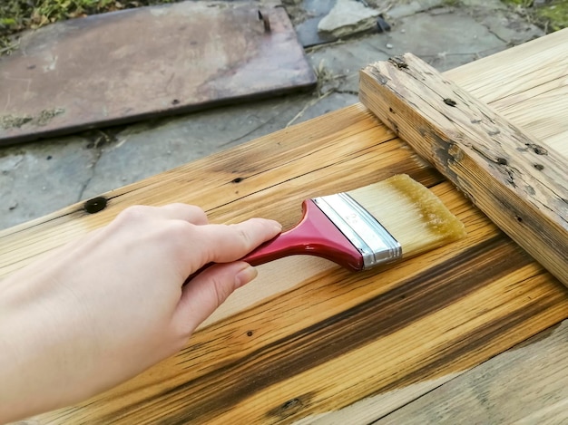 Een houten deur vernissen De hand van een vrouw houdt een bouwborstel met vernis vast