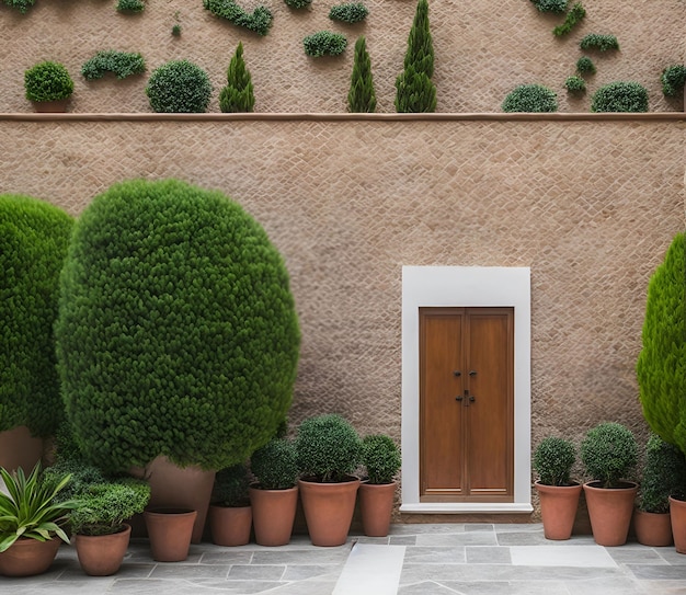 Een houten deur voor een muur waar planten op groeien.