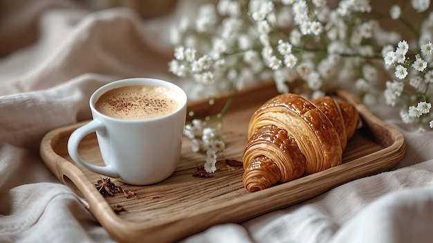 Een houten dienblad met een croissant en een kop koffie op een zacht bed AI genereren illustratie