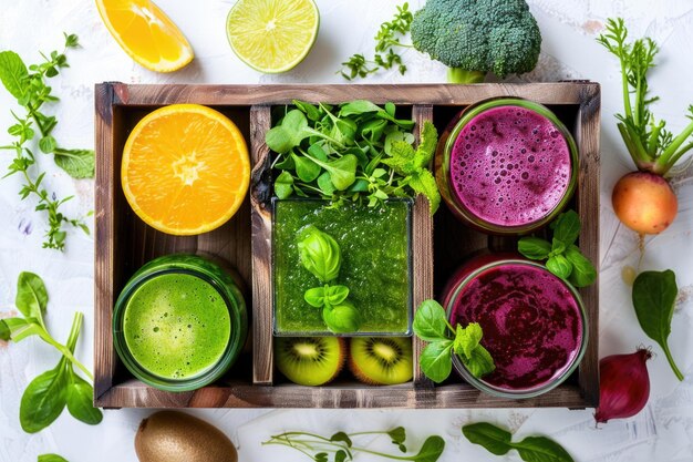 Een houten dienblad met een verscheidenheid aan fruit en groenten, waaronder sinaasappels, kiwis, broccoli en wortels