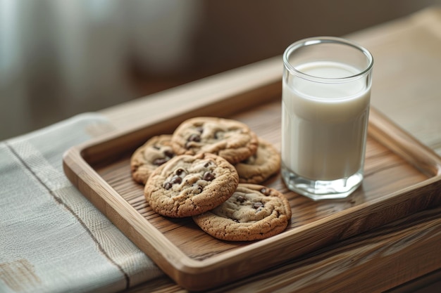 een houten dienblad met koekjes en een glas melk