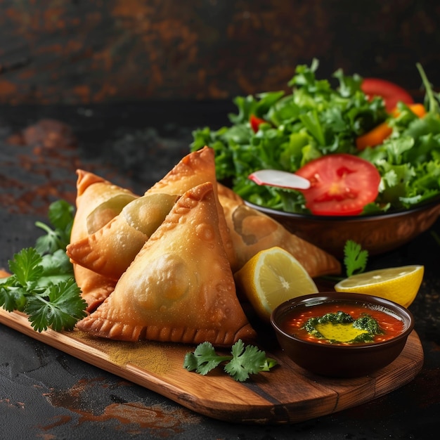 Foto een houten dienblad met samosa erop, inclusief citroensnijden en sambal