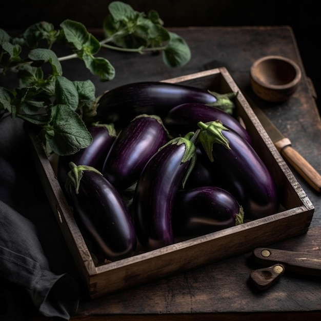 Een houten doos aubergines met groene bladeren en een houten lepel op een houten tafel.