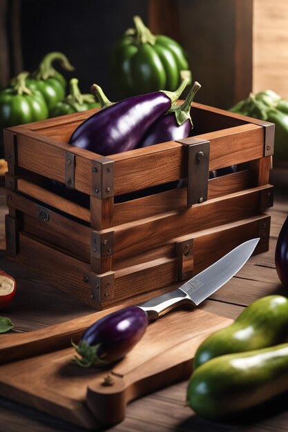 Foto een houten doos met aubergines staat op een tafel.