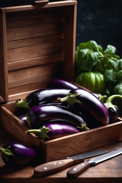 Een houten doos met aubergines staat op een tafel.