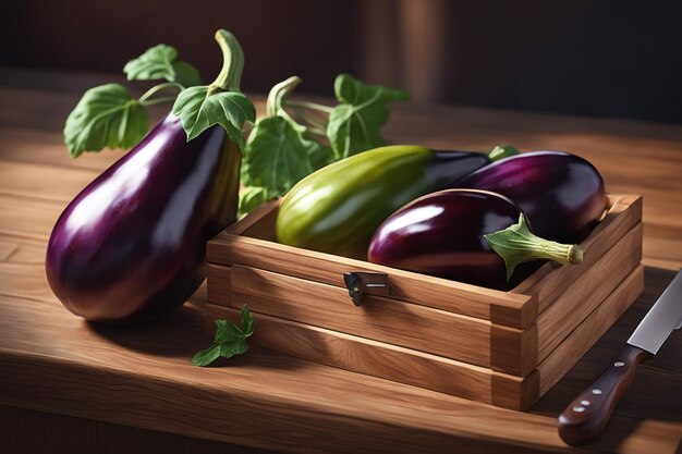 Foto een houten doos met aubergines staat op een tafel.