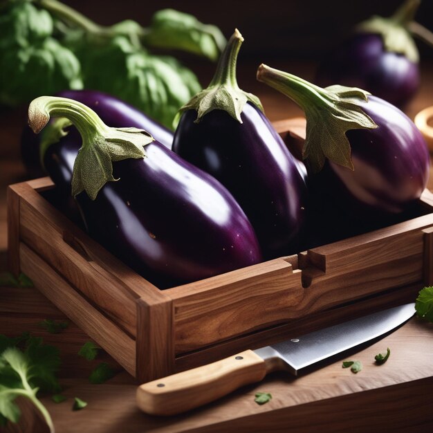 Een houten doos met aubergines staat op een tafel.