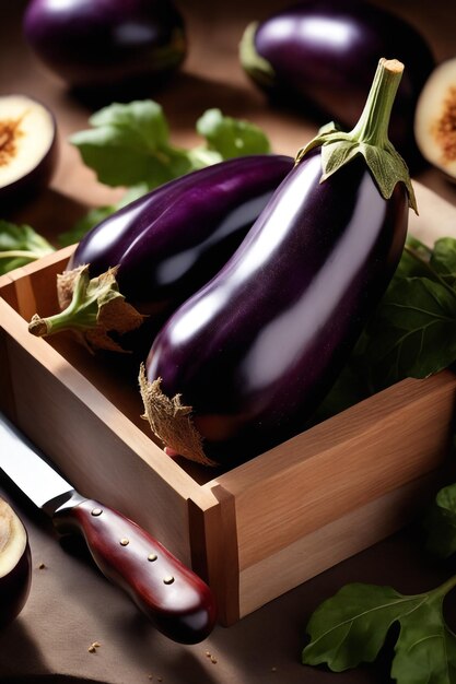 Een houten doos met aubergines staat op een tafel.