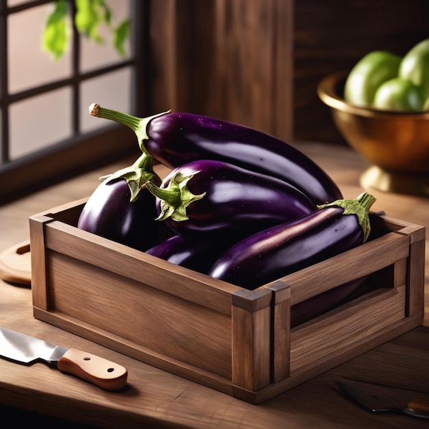 Foto een houten doos met aubergines staat op een tafel.