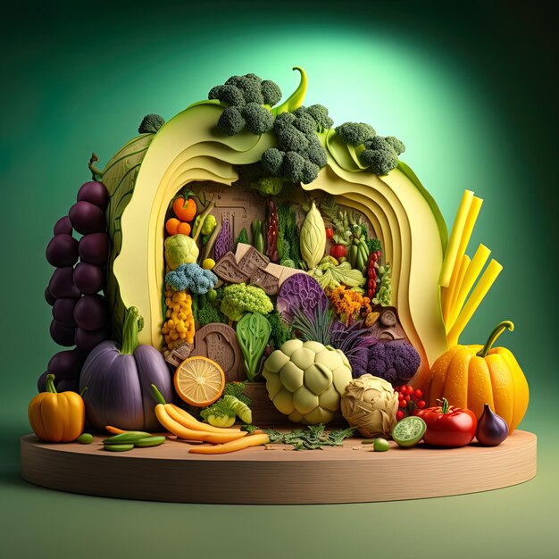 een houten doos met fruit en groenten met een groene achtergrond