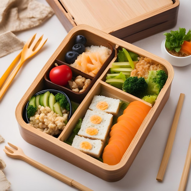 Foto een houten doos met voedsel erin, waaronder rijst, groenten en rijst