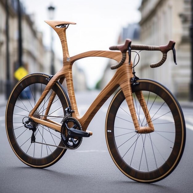 een houten fiets met hout op het voor- en achterwiel.