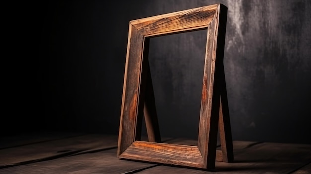 Foto een houten frame op een tafel met een zwarte achtergrond.