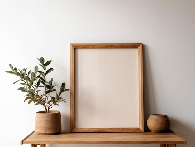 Een houten frame staat op een tafel naast een plant.