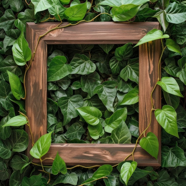 Foto een houten frame teder omhelsd door levendige groene bladeren die een natuurlijke en levendige sfeer schenken