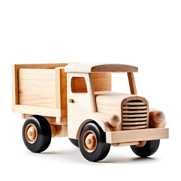 Een houten gekleurde vrachtwagen met een houten gekleurde doos aan de voorkant op een witte achtergrond