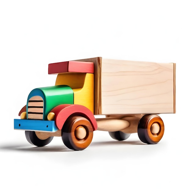 Een houten gekleurde vrachtwagen met een houten gekleurde doos aan de voorkant op een witte achtergrond