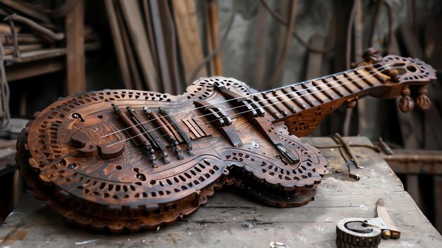 Een houten gitaar zit op een houten tafel de gitaar is ingewikkeld gebeeldhouwd met een prachtig ontwerp