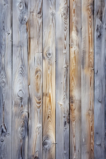 Een houten hek met een grijze achtergrond en de houtstructuur is geverfd met een lichtgrijze kleur.