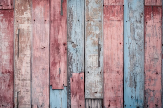 Een houten hek met rode en blauwe planken