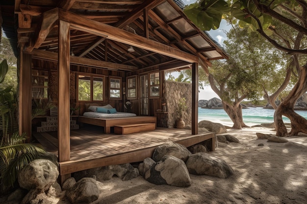 Een houten huis aan een strand met een strand op de achtergrond.