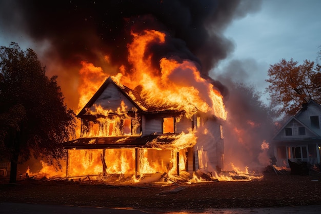 Een houten huis brandt met een woedend vuur