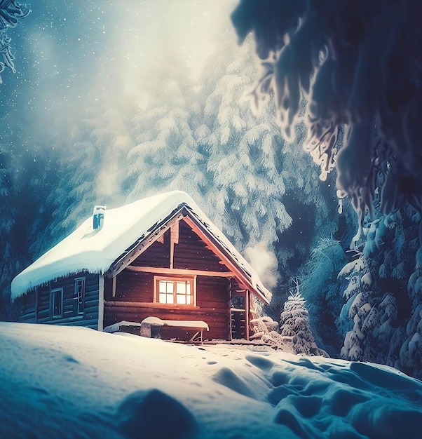 Een houten huis in de sneeuw met het licht aan