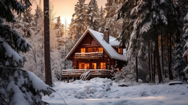 Een houten huis in een besneeuwd bos.