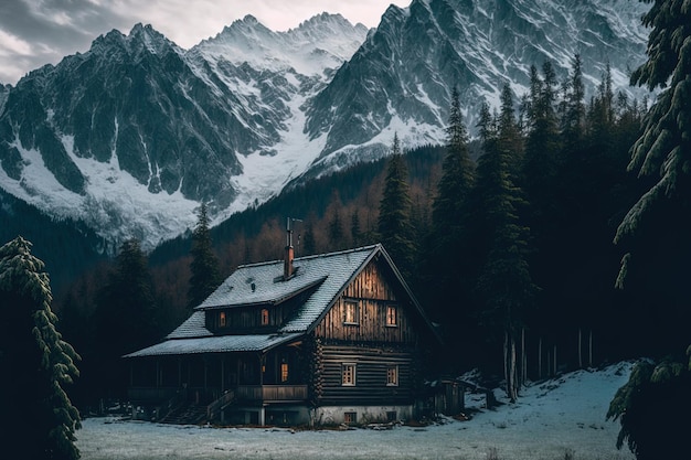 Een houten huis in een bos met bergen bedekt met sneeuw onder een sombere blauwe hemel