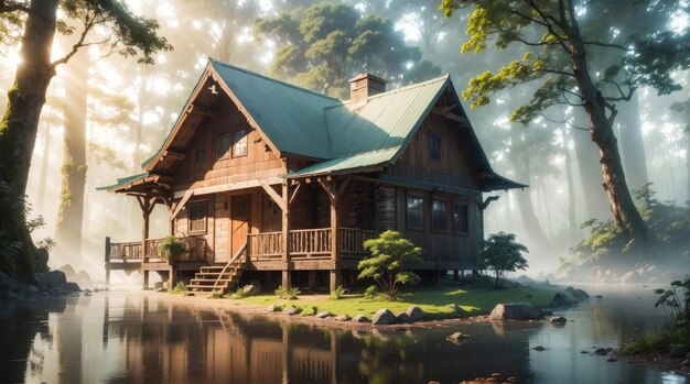 Een houten huis naast een meer in het bos.