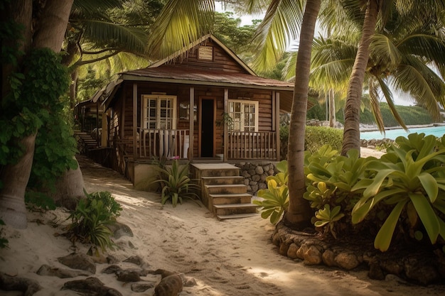 Een houten huisje midden op een tropisch strand.