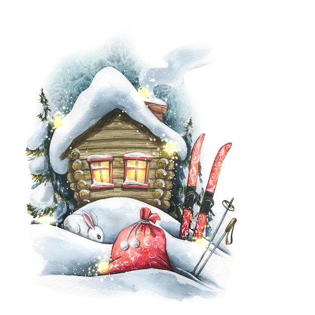 Een houten hut tussen de sneeuw met een tas voor geschenken en ski's een haas en sparren het huis van de kerstman Winter nieuwjaar kerstmis illustratie met de hand getekend in waterverf Voor ansichtkaarten posters