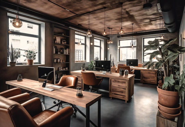 Een houten kantoor in een coffeeshop met leren stoelen